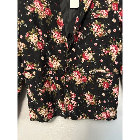 MYMSTORM Men's Black Long Sleeve Floral Lined Blazer with Shoulder Pads Size L - Picture 3 of 9